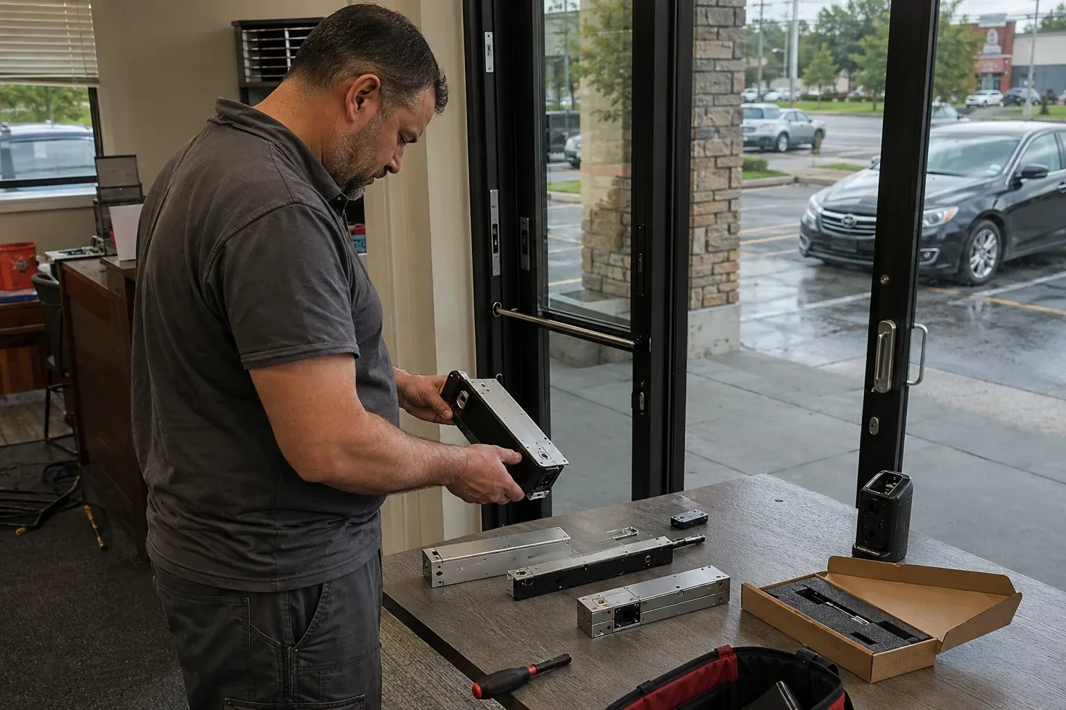 Person holding a rectangular door-hardware housing at a table with additional metal assemblies beside a glass entrance. — Access Control Installation, Ajax