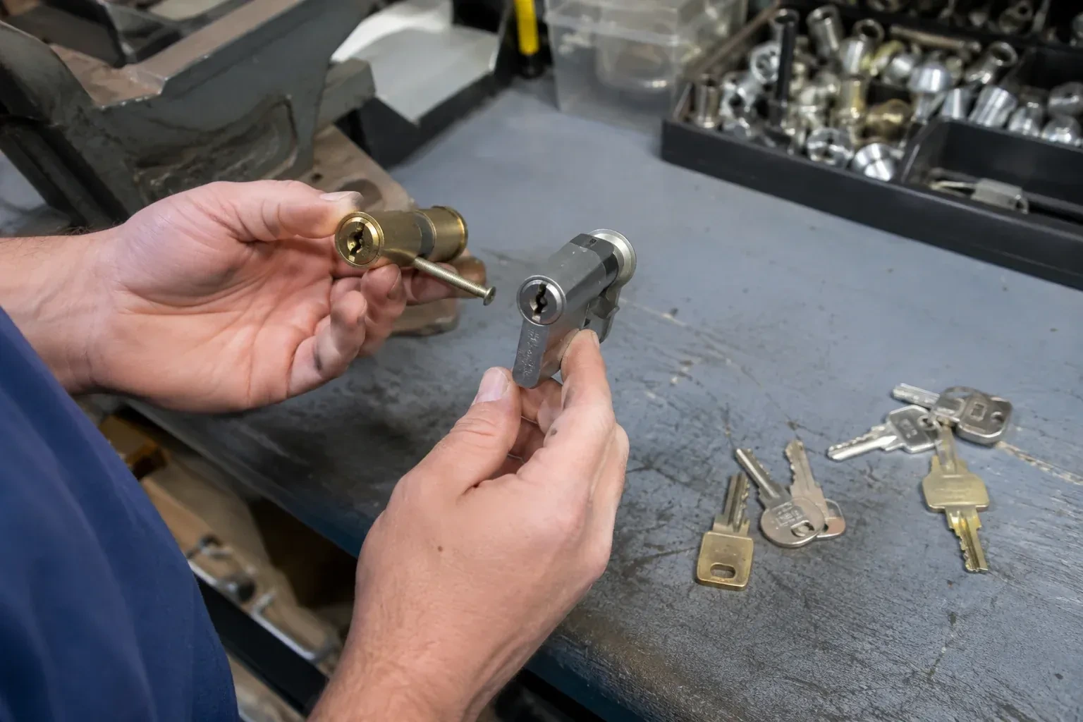Hands comparing detached lock cylinders beside loose keys on a workbench. — Broken Key Extraction, Ajax