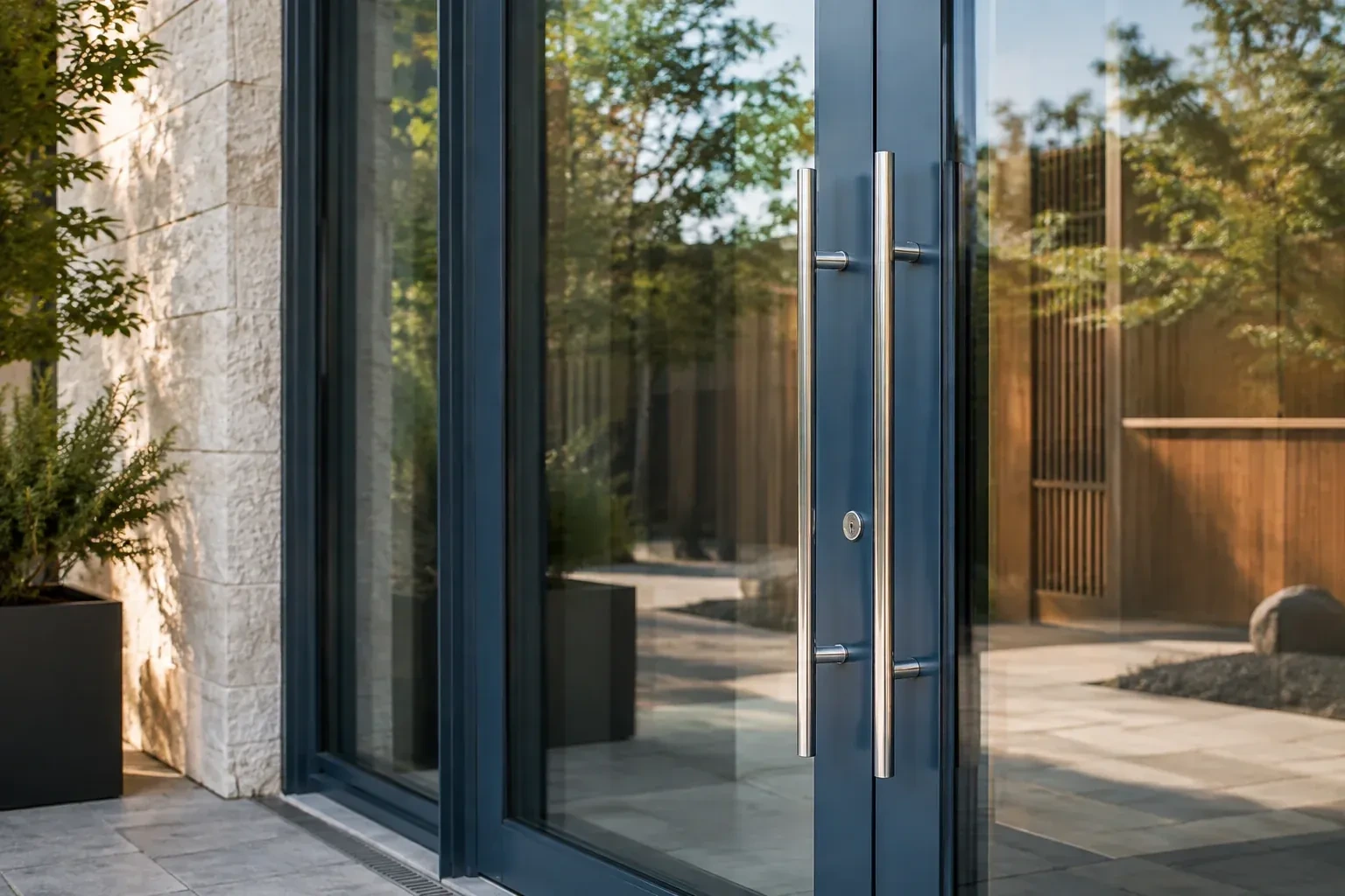 Dark-framed glass entrance doors with long silver-colored vertical pull handles and a round keyhole. — Business Lockout Service, Ajax