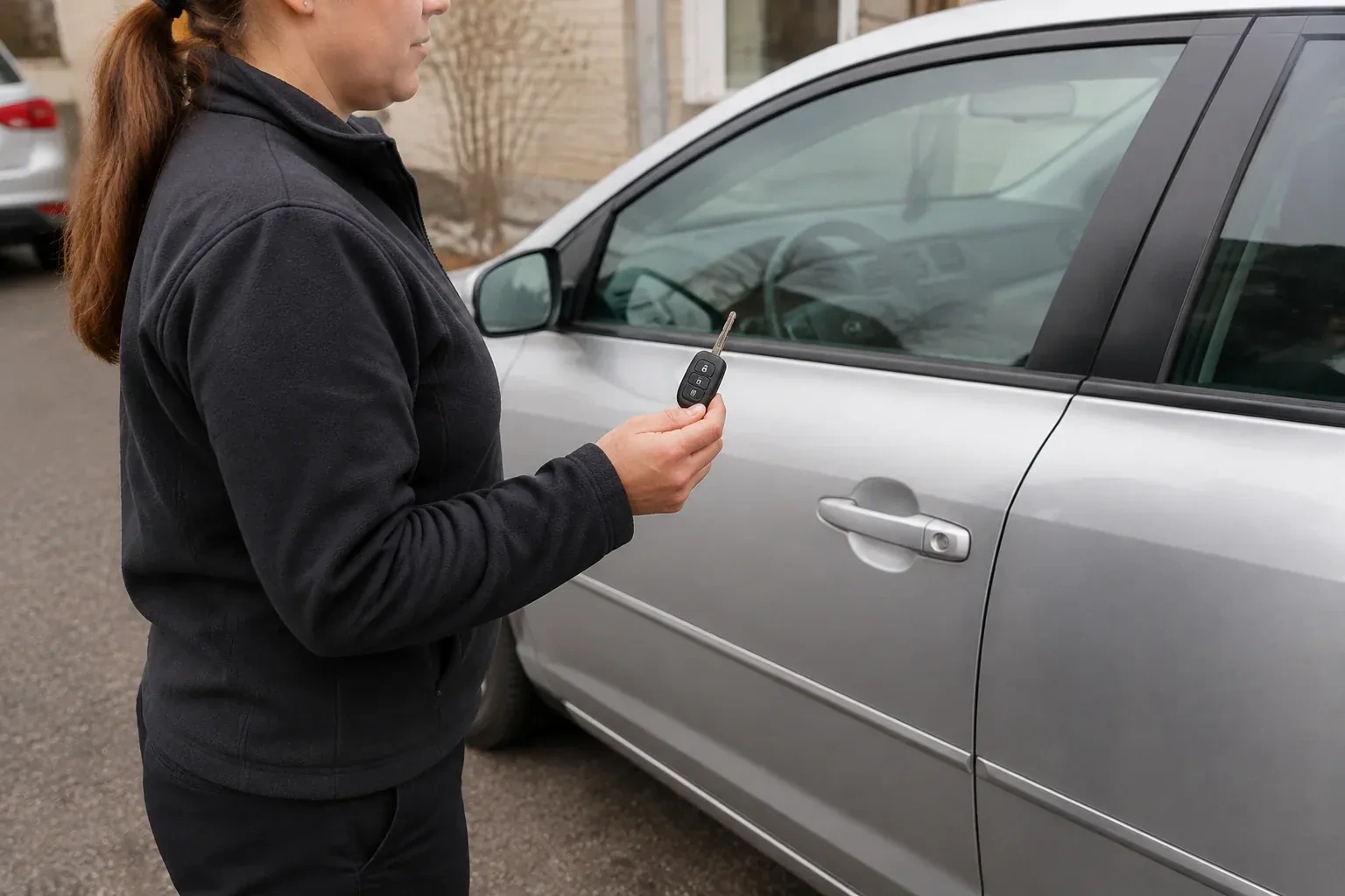 Technician holding a remote key with an extended blade beside a silver car. — Car Key Replacement, Ajax