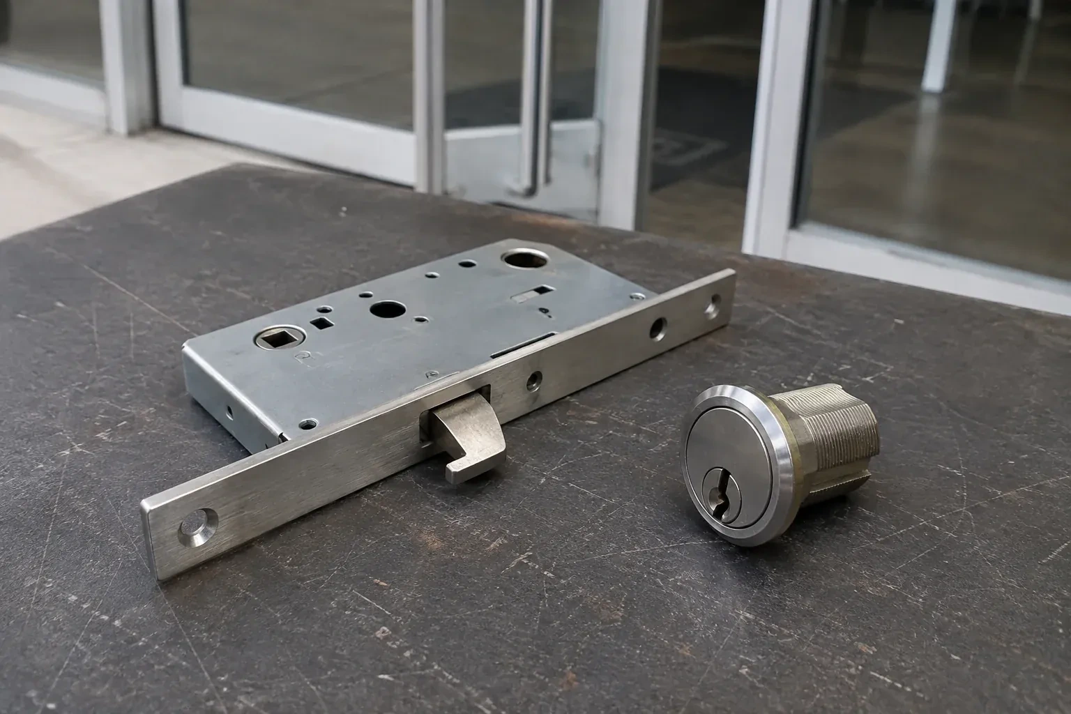 Detached mortise lock body with a projecting hook-shaped bolt beside a threaded cylinder. — Commercial-Grade Lock Replacement, Ajax
