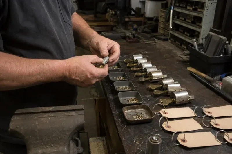 Person handling a lock cylinder at a workbench lined with cylinders, keys, small pin trays and blank key tags. — Commercial Rekeying, Ajax