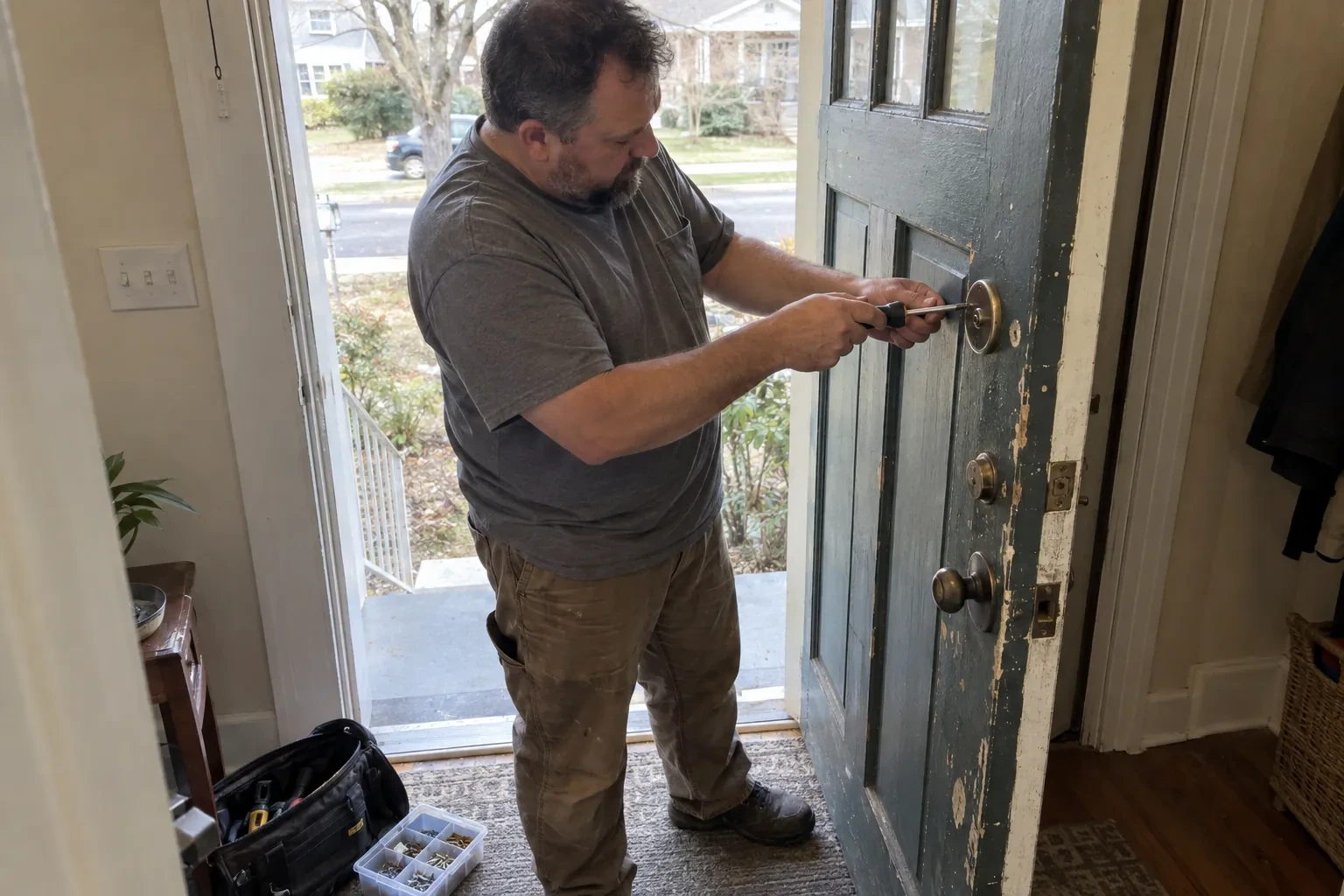 Illustrative locksmith scene; not an actual job — Deadbolt Installation, Ajax