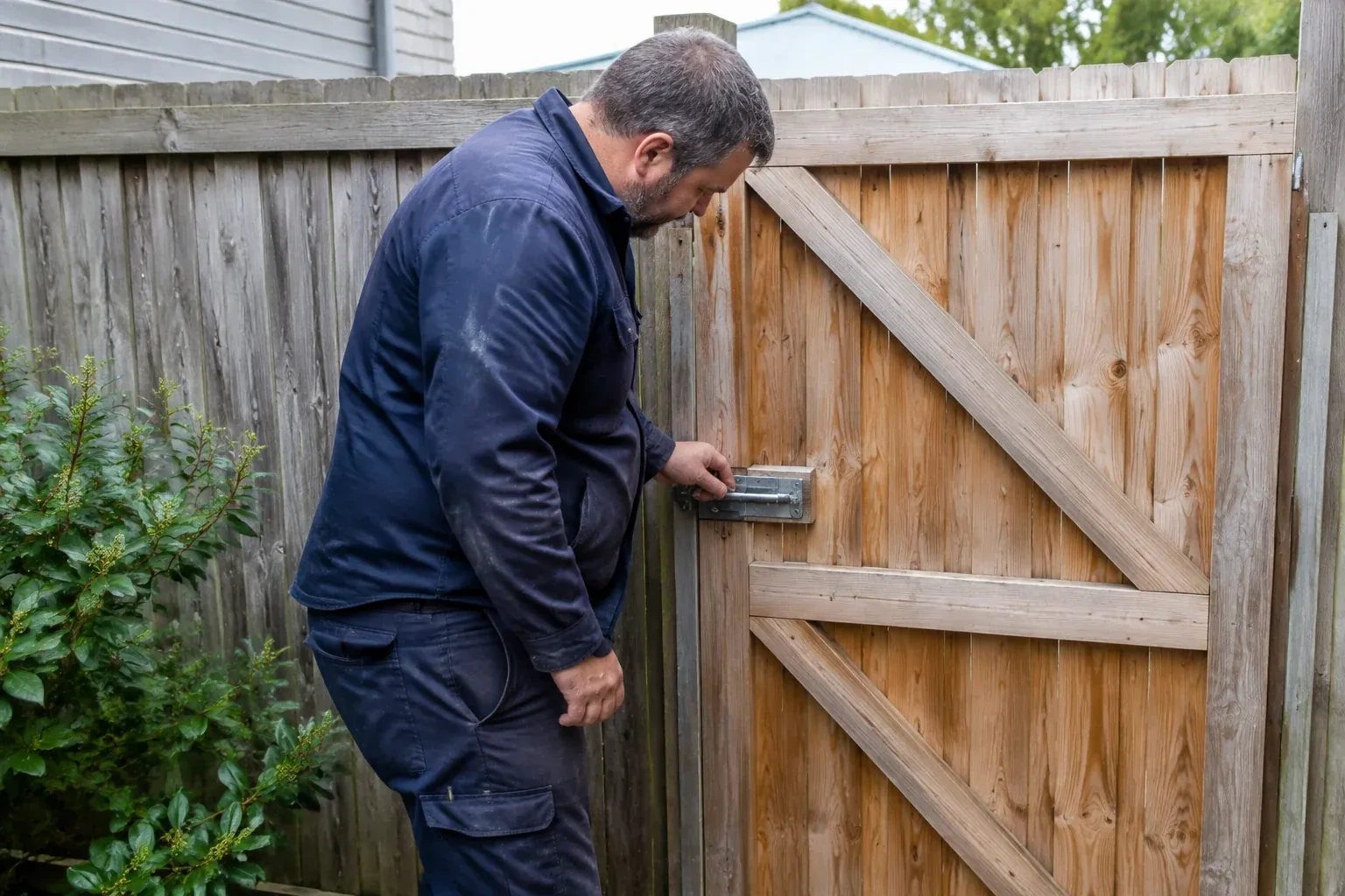Person touching the sliding metal bolt on a wooden garden gate. — Gate & Building Entry Locks, Ajax