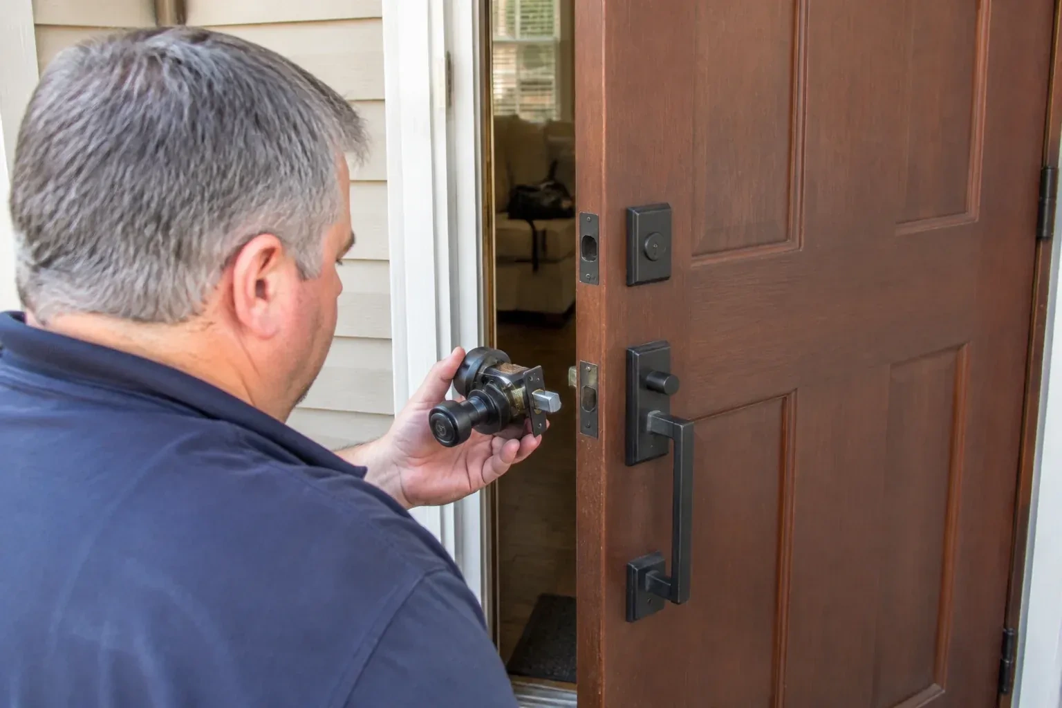 Person holding a removed black lock assembly beside a partly open brown front door with a long black pull handle. — Home Lockout Service, Ajax