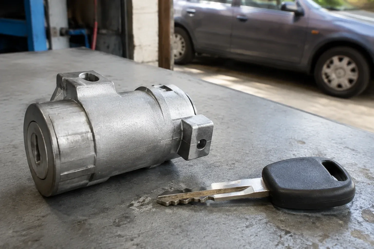 Detached cylindrical lock housing and black-headed key on an automotive workbench. — Ignition Lock Repair, Ajax