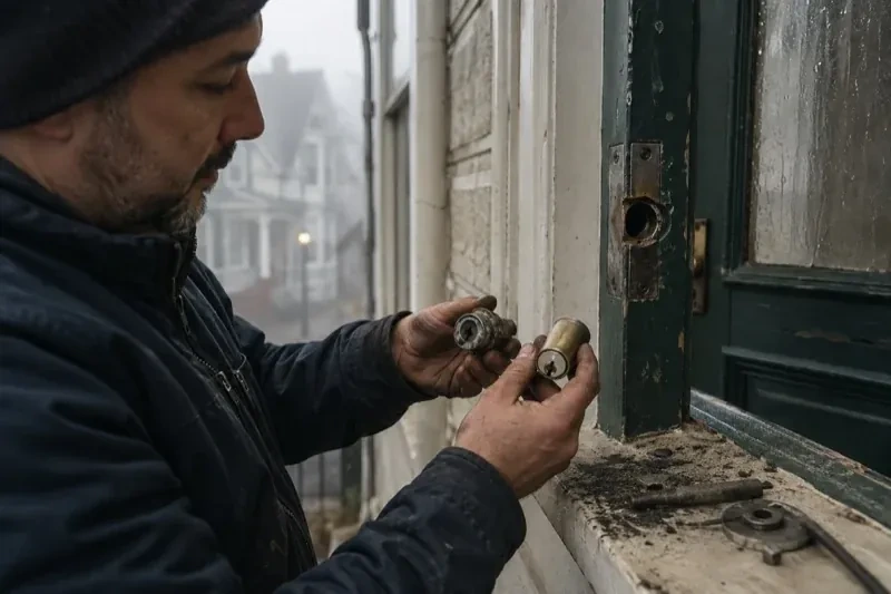 Person holding two lock cylinders beside an open painted door, with loose hardware and debris on the sill. — Seized & Jammed Lock Opening, Ajax