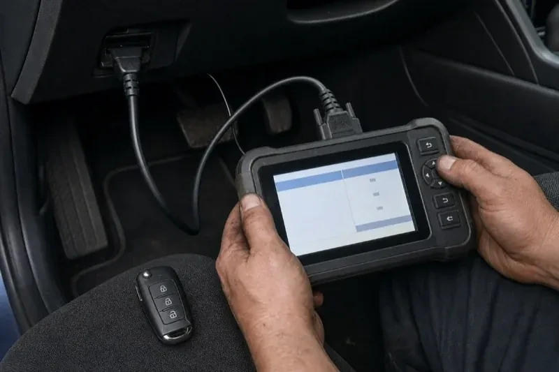 Hands holding a diagnostic tablet connected beneath a car dashboard, with a key fob resting on the person’s leg. — Key Fob Programming, Ajax