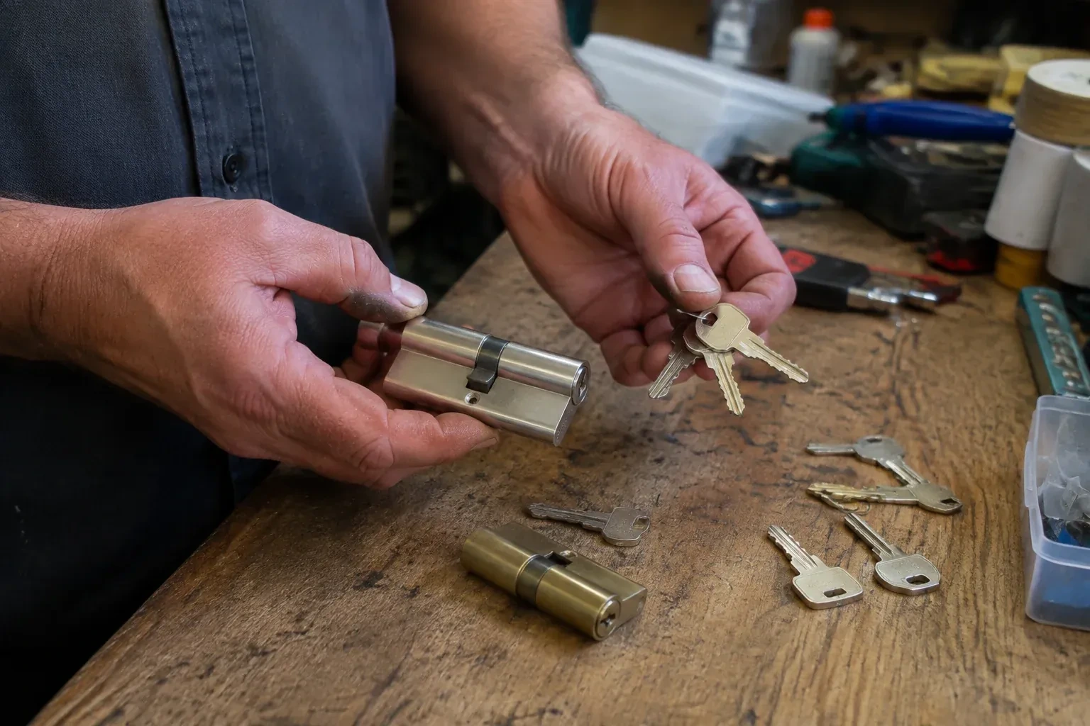 Hands holding a lock cylinder and a ring of keys above a worn workbench with another cylinder and loose keys. — Lock Rekeying, Ajax