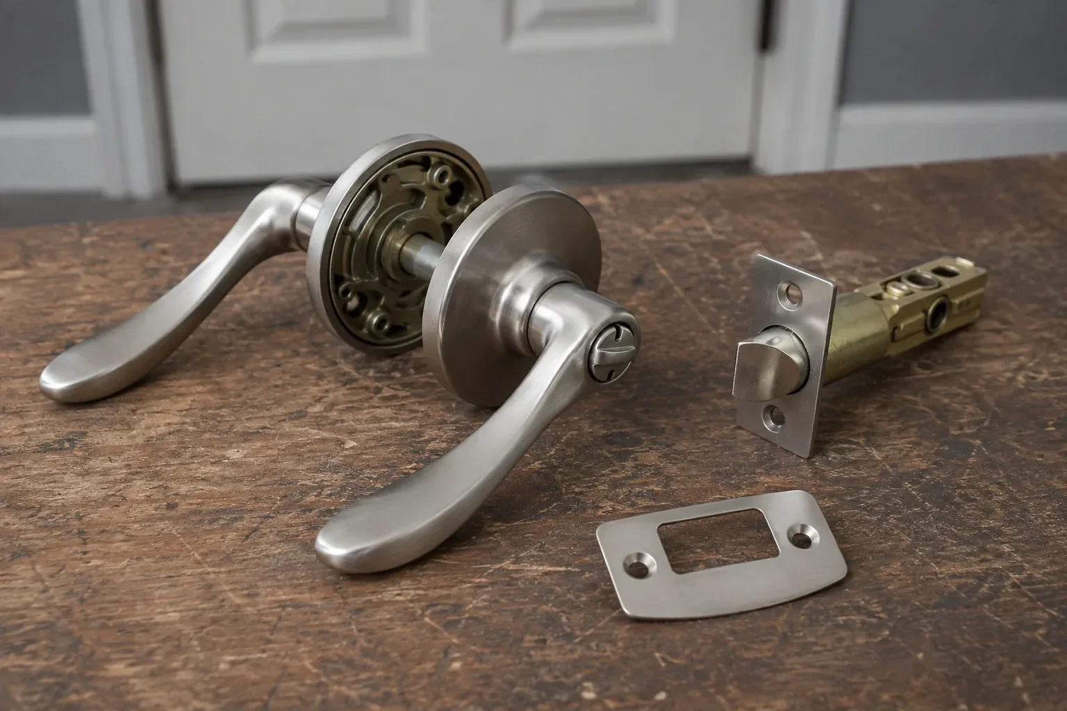 Detached satin-nickel lever hardware, tubular latch and strike plate on a wooden workbench. — Lock Replacement & Upgrade, Ajax