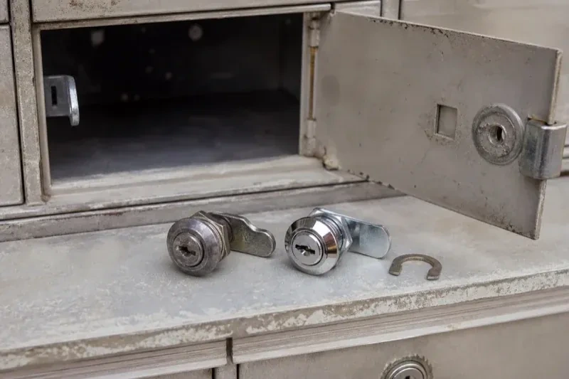 Two loose cam locks and a retaining clip resting below an open metal mailbox compartment. — Mailbox Lock Replacement, Ajax