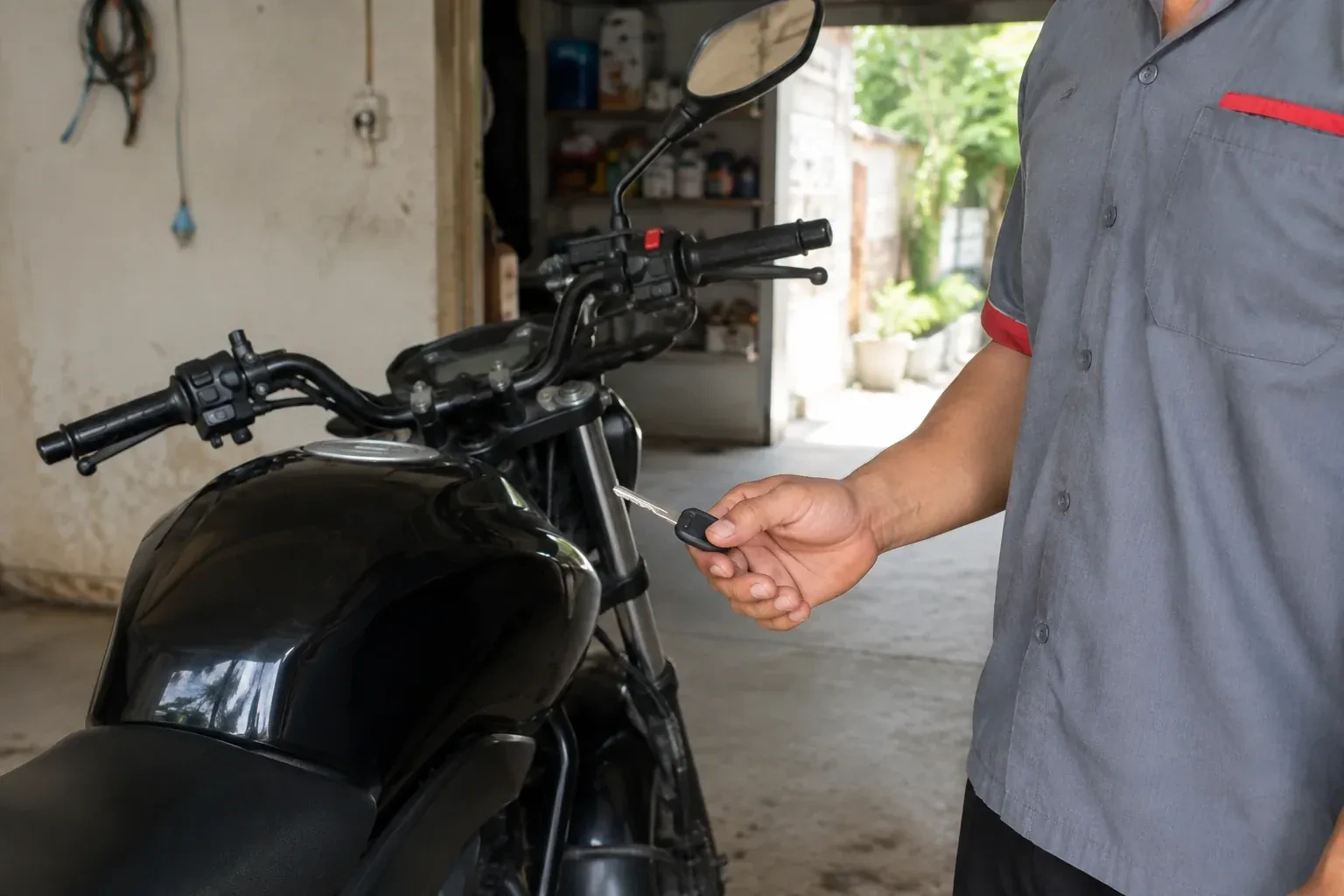 Technician holding a black-headed key beside a parked motorcycle. — Motorcycle & Scooter Keys, Ajax