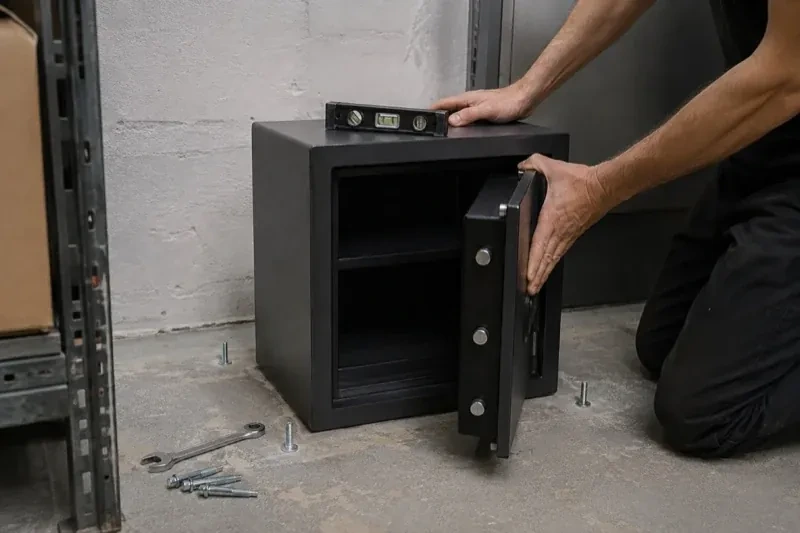 Person kneeling beside an open black safe with a spirit level on top and loose bolts and a wrench on the concrete floor. — Safe Installation & Servicing, Ajax