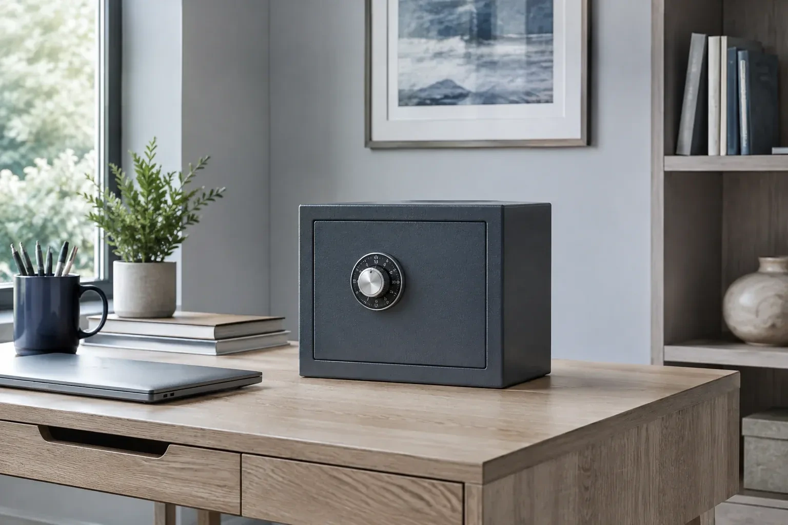 Small dark safe with a combination dial on a wooden desk beside a closed laptop and books. — Safe Opening & Combination Change, Ajax