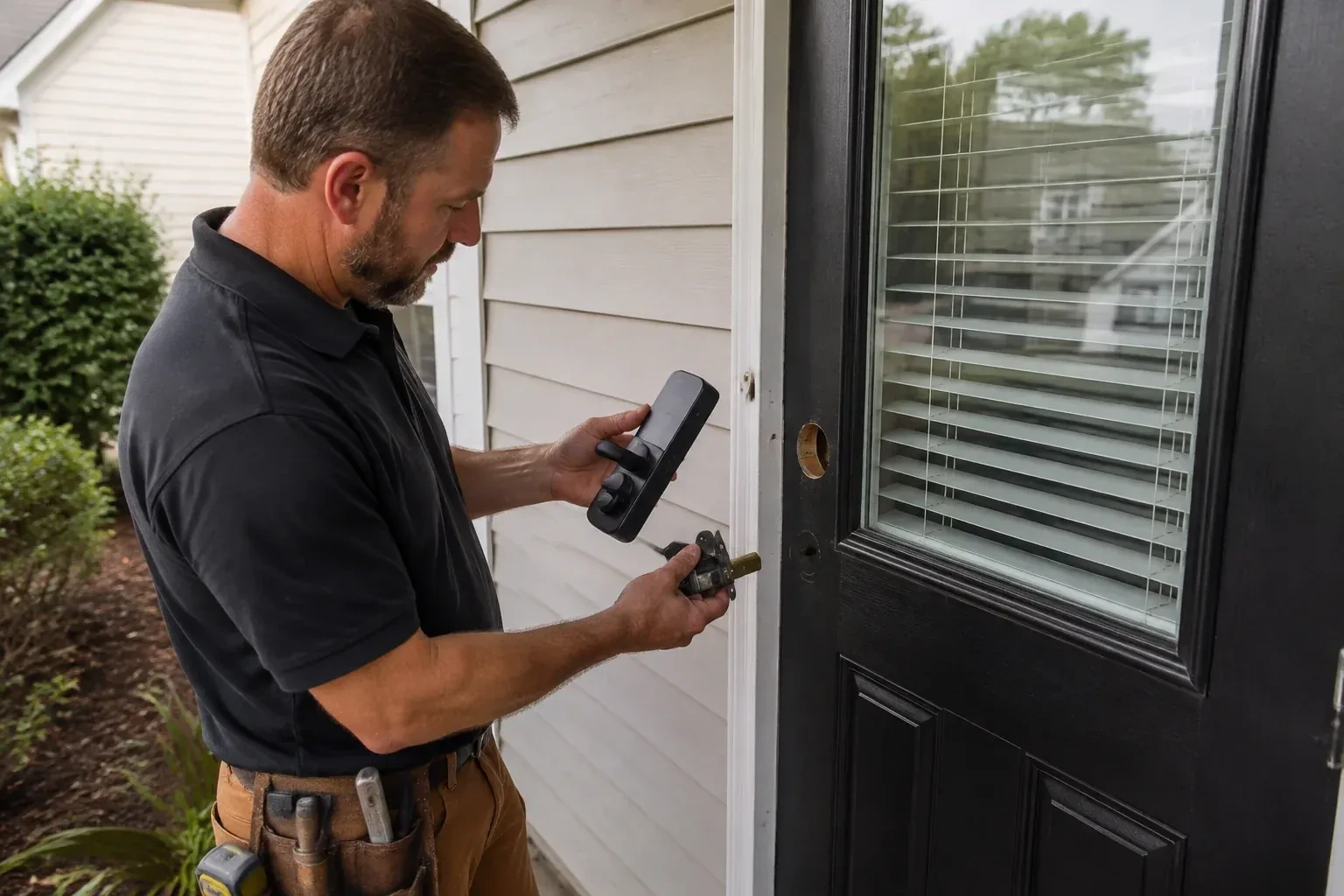 Person holding a black door-handle assembly and a latch beside a glazed door with exposed lock openings. — Smart Lock Installation, Ajax