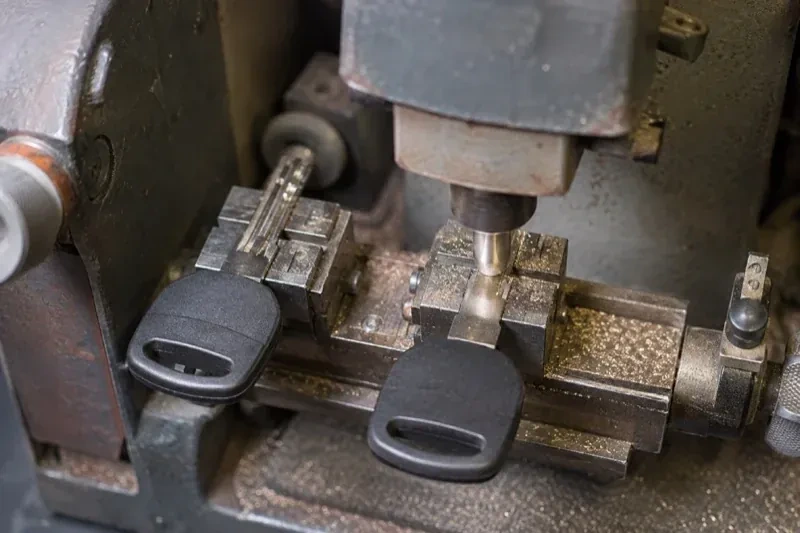 Two black-headed keys clamped in a bench machine, one beneath a vertical cutter, with metal shavings around the clamps. — Spare Car Key Duplication, Ajax