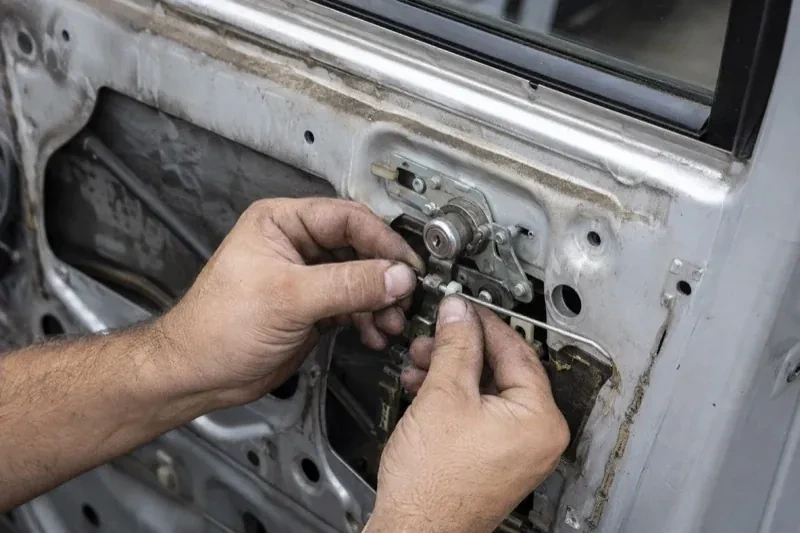 Hands holding a small linkage beside an exposed car-door lock mechanism with the interior trim removed. — Vehicle Lock Repair, Ajax